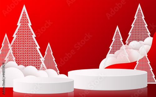 Christmas and New Year podium background vector design 3d products or show cosmetic product display. stage pedestal or platform. winter christmas red background.