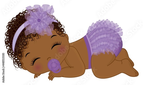 African American Baby Girl Wearing Purple Ruffled Diaper Sleeping. Vector Black Baby Girl