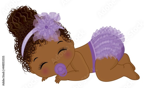 African American Baby Girl Wearing Purple Ruffled Diaper Sleeping. Vector Black Baby Girl