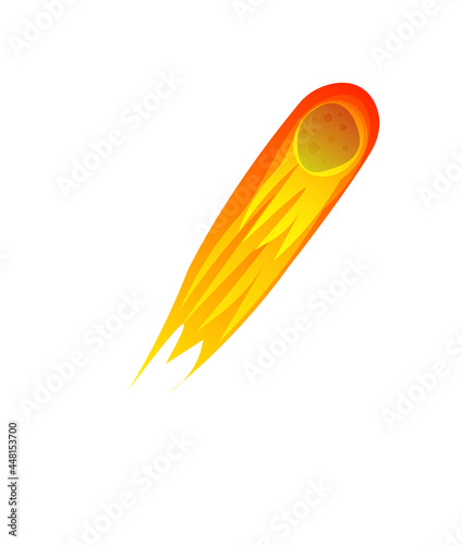 Falling asteroid or comet with long fiery tail on white