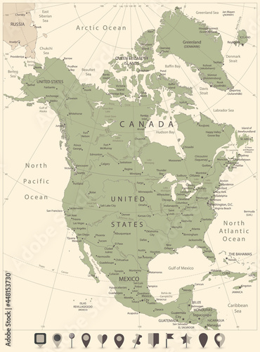 North America Map Olive Color and flat map icons