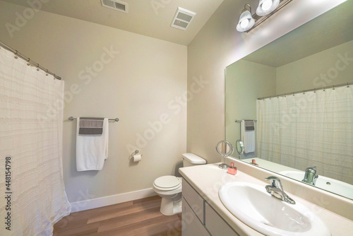 Interior of a clean white bathroom with vinyl wood flooring