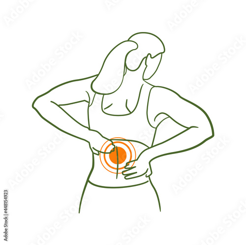 Female silhouette with lower back pain red pointer on white