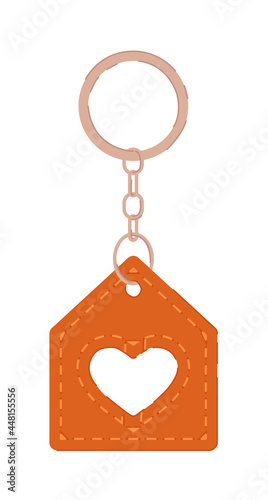 Keychain with leather pendant house locket isolated on white