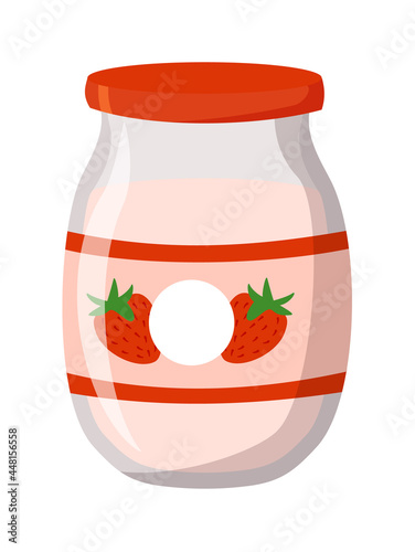 Strawberry yogurt in Mason glass jar on white background