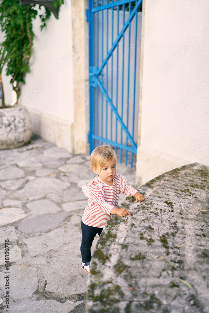 Little girl stands on a tile in front of a stone fence and holds her hands on a ledge