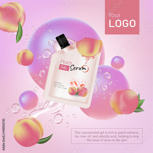 Peach or apricot cosmetics realistic vector background.serum Tube with cosmetic skin care gel cream or scrub, whole and orange fruit and green leaves on pastel background, ads poster