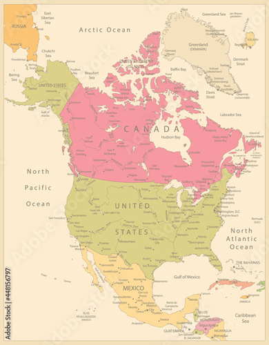 North America Political Map Retro Colors