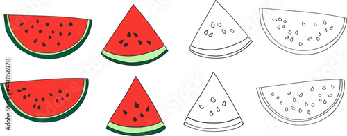 Vector set of watermelon slice illustrations in outline graphic doodle style. Colored and outlined pieces included.