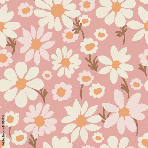 All-over vector seamless repeat pattern with cream daisies of different shapes tossed on a modern dusty pink background