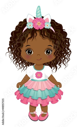 Cute African American Unicorn Baby Girl Wearing Ruffled Dress and Horn with Flowers. Vector Unicorn Baby Girl
