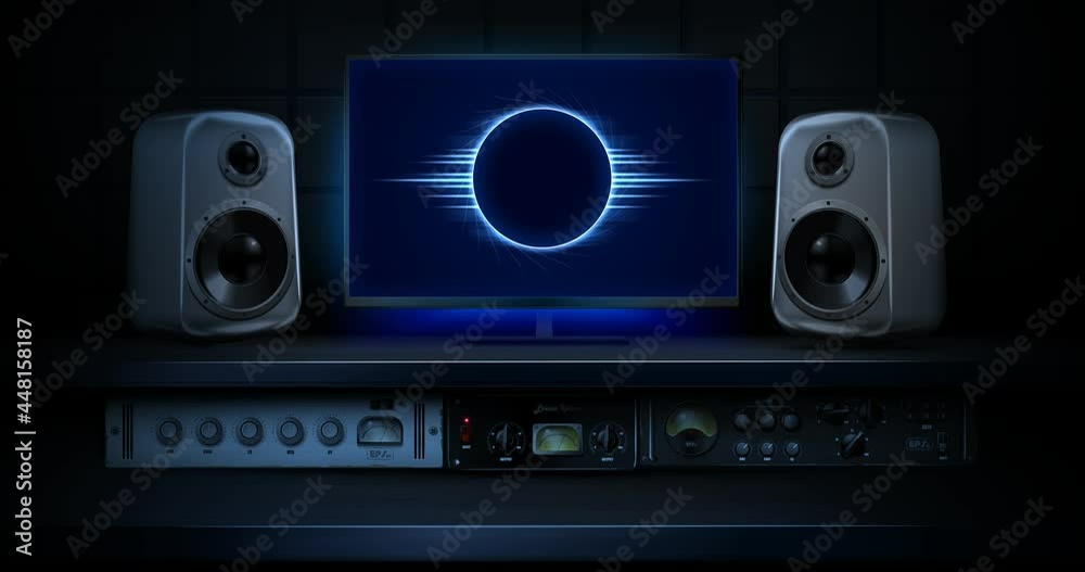 Music recording studio with neon equalizer on monitor. 2D digital graphics. Music recording studio with neon equalizer on monitor. 2D digital graphics.