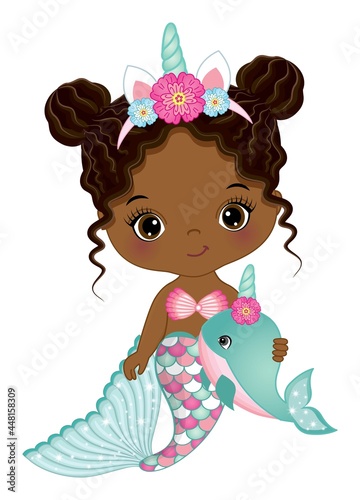 Cute Unicorn African American Mermaid Wearing Horn with Flowers and Holding Whale. Vector Baby Mermaid