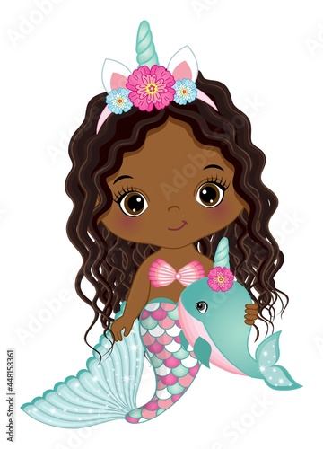 Cute Unicorn African American Mermaid Wearing Horn with Flowers and Holding Whale. Vector Baby Mermaid
