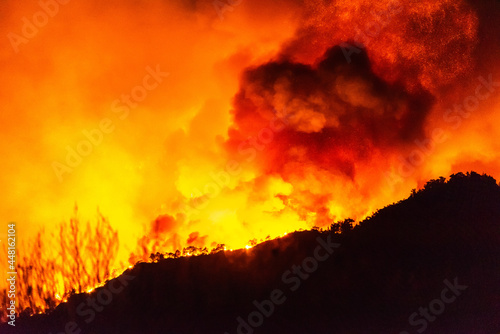 Flames of forest fire near Marmaris resort town of Turkey, at night of July 29, 2021