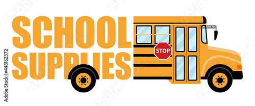 School bus with school supplies text