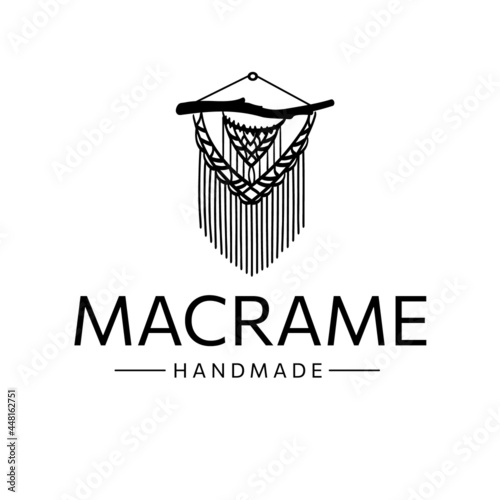 Macrame logo, Hand made. Knitting in boho style from cotton cord, original finishing. Line art, vector, black and white