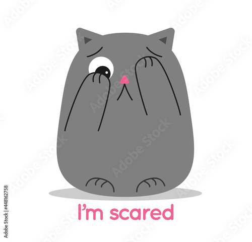 Cat sad unhappy color gray afraid, the inscription below Im scared. Vector illustration isolated on white background. Fat little shy kitten covers its muzzle with its paws. Simple minimalistic shape