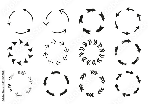 Circular arrows silhouette black color, different thickness. loading and recycle symbol. Loop refresh reload and rotation sign set. Infographic design elements, business strategy statistics diagrams