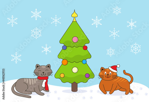 Cats lie in the snow in a scarf and a Santa hat near a decorated Christmas tree, snowflakes are falling from the sky. Merry Christmas and Happy New Year greeting card. Vector cartoon illustration