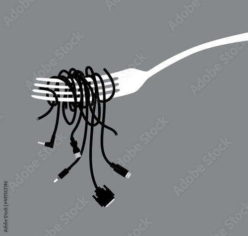 Computer cables twisted on a fork like spaghetti, EPS 8 vector illustration 