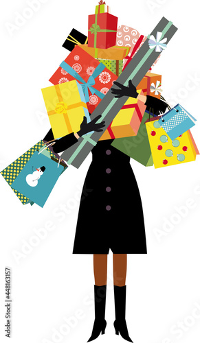 Woman finishing her Christmas shopping and holding a big pile of wrapped gift she just purchased in the store, EPS 8 vector illustration