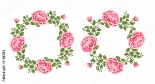 Fototapeta Naklejka Na Ścianę i Meble -  Set of aesthetic, classic, vintage pink rose and peony flower frame and floral wreath vector illustration elements for invitation, decoration, feminine beauty products, garden party, greeting card
