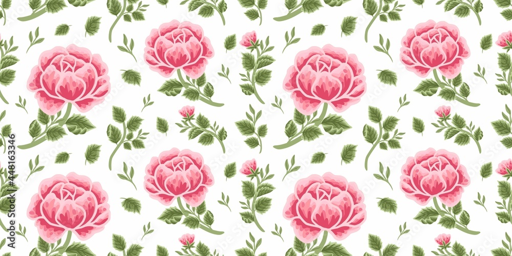 Vintage and classic floral seamless pattern of pink rose bouquet, flower buds and leaf branch vector illustration arrangements for fabric, textile, shabby chic decoration, aesthetic background