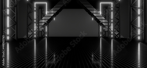 Fototapeta Naklejka Na Ścianę i Meble -  A dark tunnel lit by white neon lights. Reflections on the floor and walls. 3d rendering image.