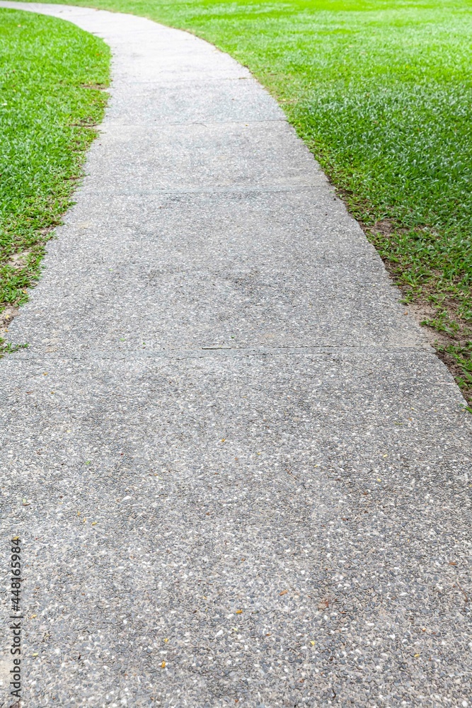 Long concrete walkway in the summer green garden Long concrete walkway in the summer green garden