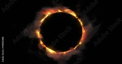 Burning fiery ring. hot flames and sparkling ember swirling around circle or eclipse. perfect for center placement of logo or text content. 4K loop, alpha channel included.