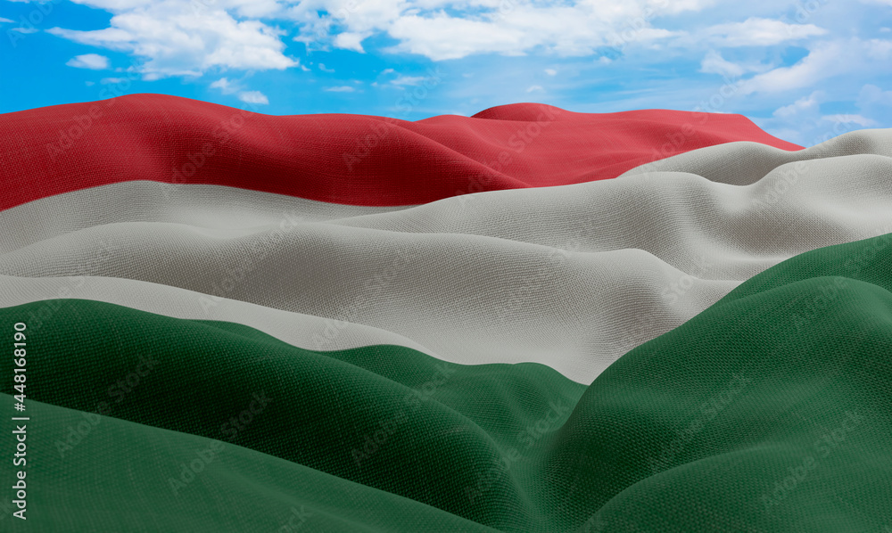 Naklejka premium Hungary flag in the wind. Realistic and wavy fabric flag. 3D rendering.