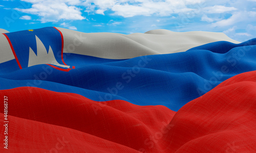 Slovenia flag in the wind. Realistic and wavy fabric flag. 3D rendering.