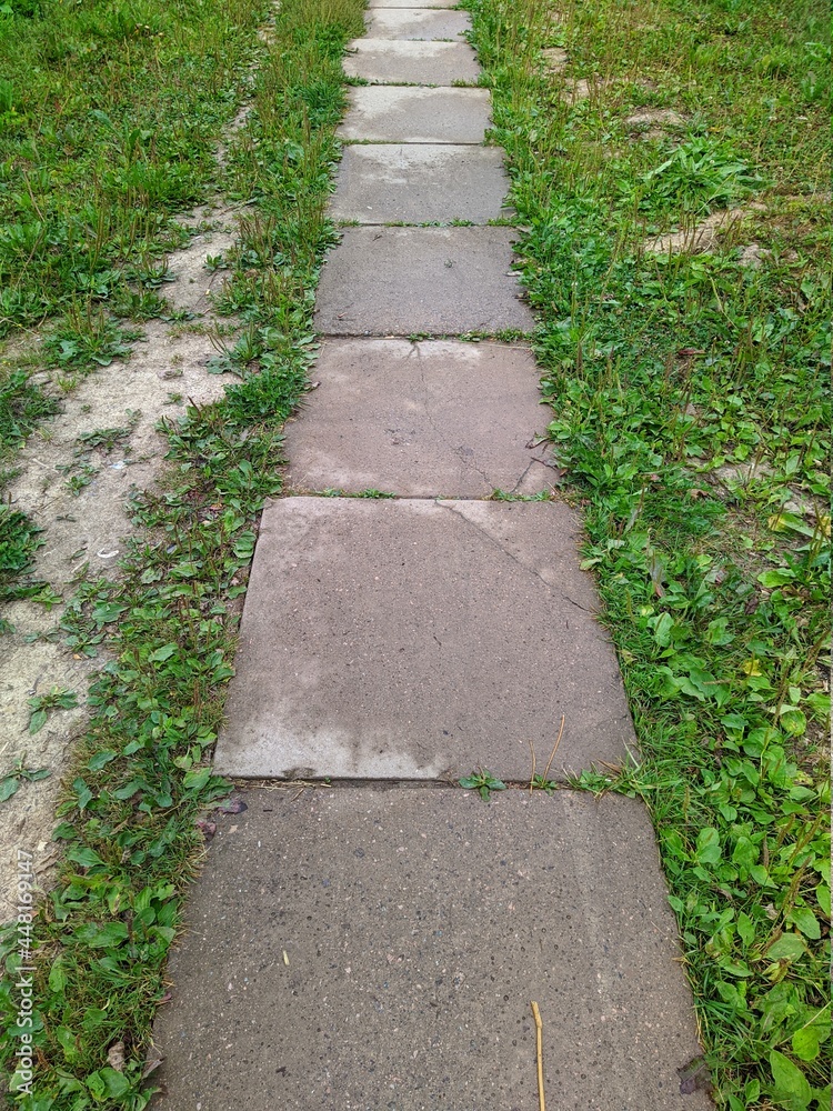 path in the park is made of concrete square slabs.