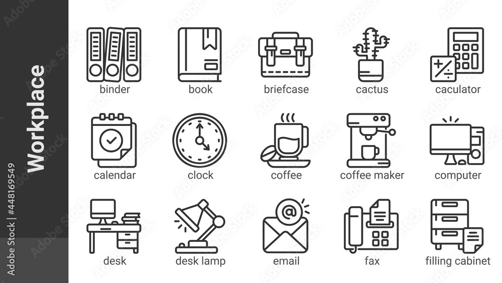 Workplace 1, editable outline icons set isolated on white. Perfect thin outline icon style