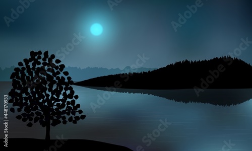 Beautiful night over the ocean with lonely silhouette of the tree standing and distant hill, bright Moon shine and reflections on the water surface.