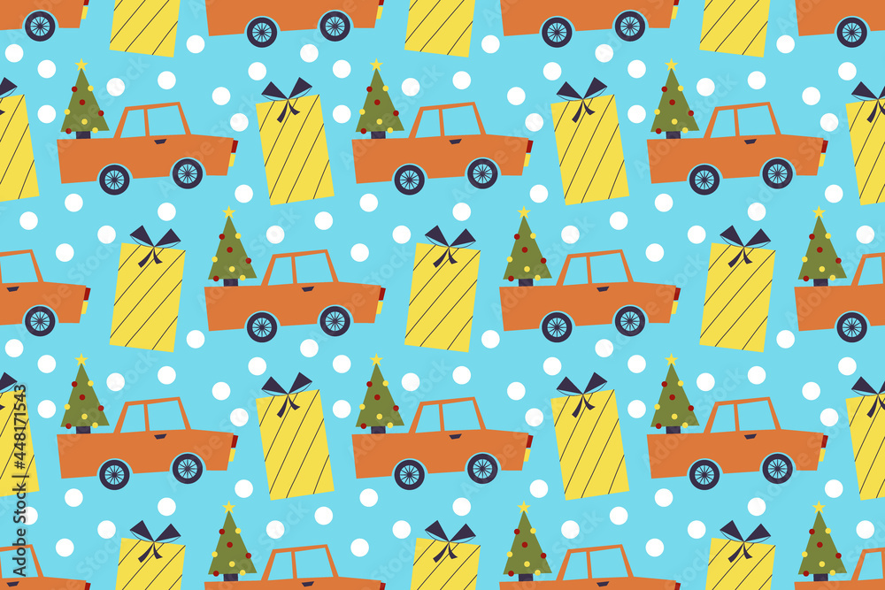 Seamless pattern for merry Christmas with car, Christmas tree in the trunk and gift box. Vector illustration in a flat style. Festive winter pattern with snowflakes Seamless pattern for merry Christmas with car, Christmas tree in the trunk and gift box. Vector illustration in a flat style. Festive winter pattern with snowflakes