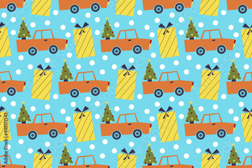Seamless pattern for merry Christmas with car, Christmas tree in the trunk and gift box. Vector illustration in a flat style. Festive winter pattern with snowflakes