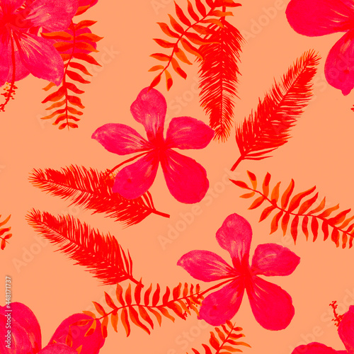 Coral Seamless Leaf. Scarlet Pattern Leaf. Pink Tropical Illustration. Red Flower Foliage. Ruby Drawing Leaf. Spring Foliage. Flora Leaf. Floral Palm.