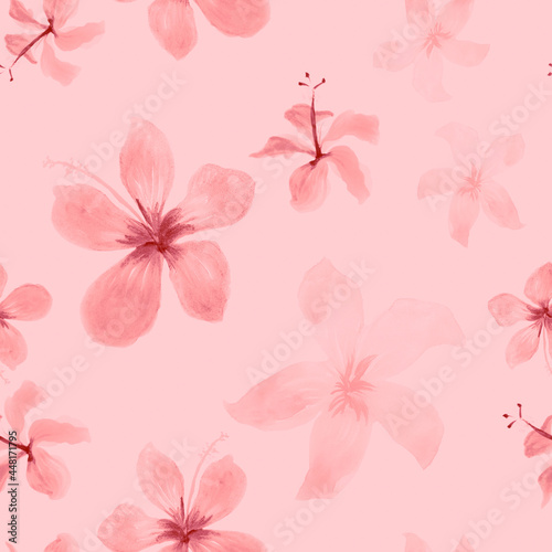 Gray Seamless Leaf. Pink Pattern Hibiscus. Coral Tropical Leaf. White Spring Texture. Flower Nature. Floral Painting. Flora Foliage. Decoration Foliage.