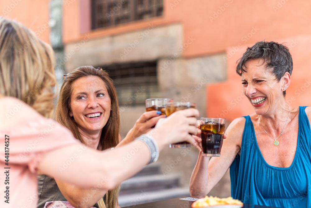Adult woman with short hair in a cafe toasting with drinks with her friends Adult woman with short hair in a cafe toasting with drinks with her friends
