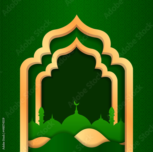 ramadan background with 3d podium, mosque window, 3d ornaments and Islamic pattern, luxury theme.