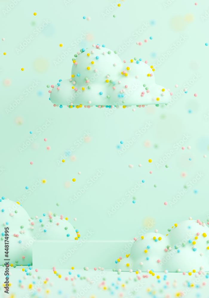 Minimal beverage background for beverage presentation. Green podium and cloud with sprinkle. Café poster templates mock up. Clipping path of each element included. 3d rendering illustration. 