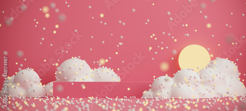Minimal beverage background for beverage presentation. Red podium and cloud with snow falling. Café poster templates mock up. Clipping path of each element included. 3d rendering illustration. 