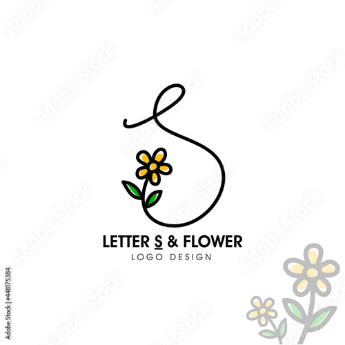 Simple and beauty initial logo letter S line style combining with sunflower and two green leaf