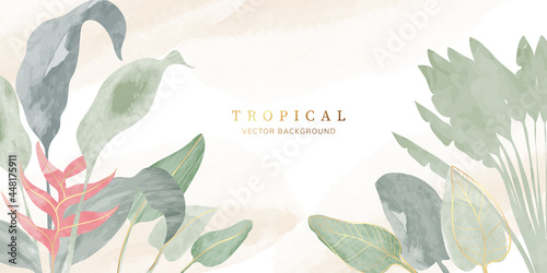 tropical leaves watercolor background vector. Luxury wallpaper with tropical leaf framed, mountain, palm leaf, flower,Vivid foliage, exotic green and gold brush glitter.