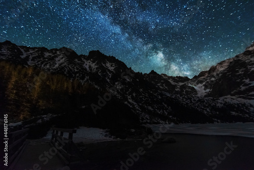 Bright starry sky with the milky way on the background of High Tatras mountains