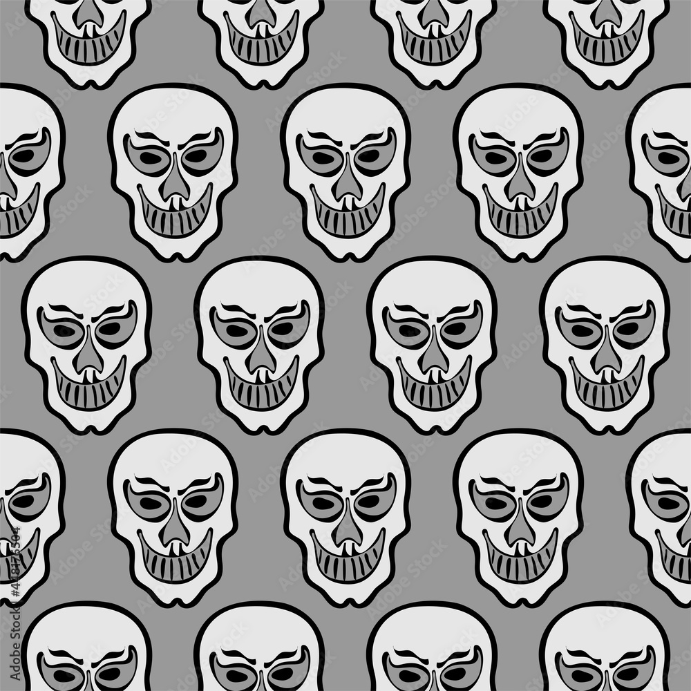 Seamless pattern with happy skulls on a gray background, vector graphics
