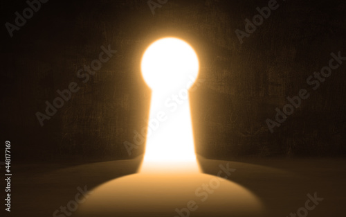 Keyhole Light Door In a Big Empty Dark Room Grungy walls and floor wall with soft lights.  The key to success concept