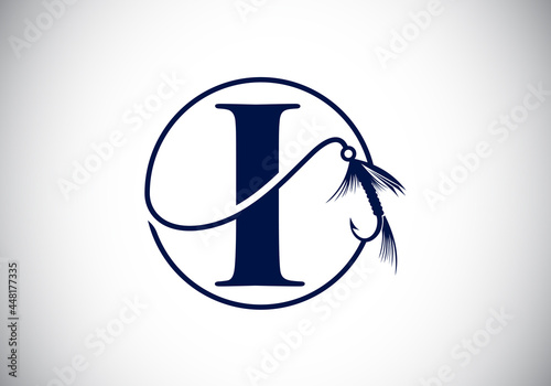 Initial I monogram letter alphabet with fishing Hook. Fishing logo concept vector illustration. Modern logo design for fishing shop, business, and company identity